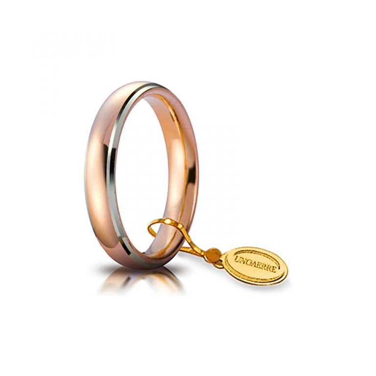 Wedding ring UNOAERRE comfort red gold 18k with white rhodium edges 4 mm.