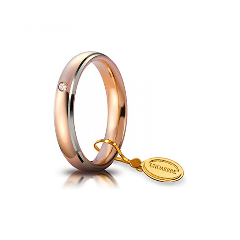 Wedding ring UNOAERRE comfort red gold 18k with white rhodium edges 4 mm. with diamond ct. 0.03 UNOAERRE
