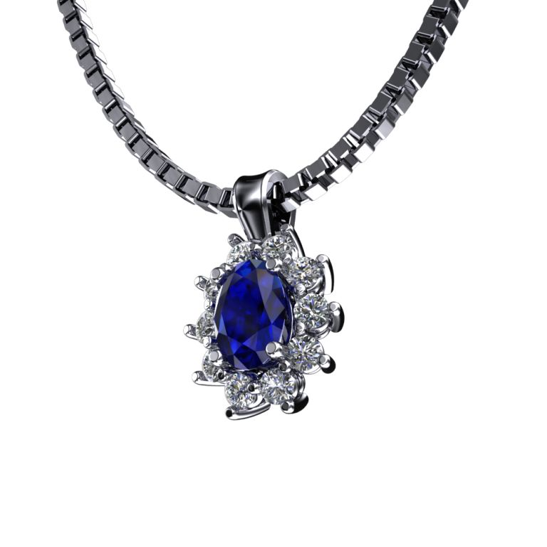 18k white gold pendant with natural sapphire ct. 0.65 and natural diamonds ct. 0.30 total F VS1 complete with chain 18k white gold (made in Italy)
