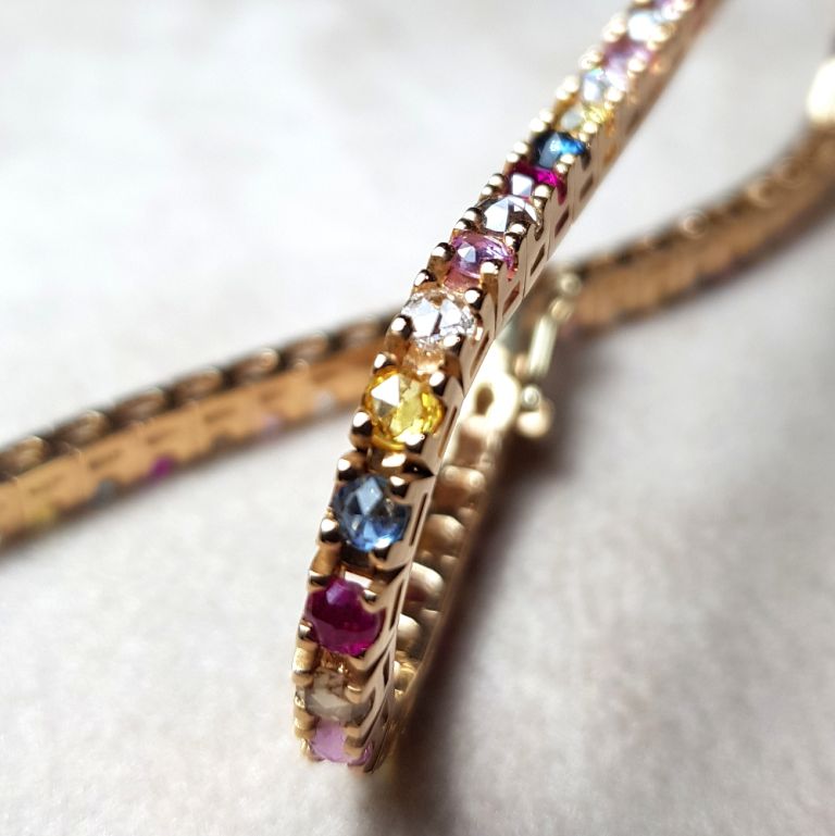 Tennis bracelet 18k red gold with natural diamonds rubies and sapphires (made in Italy)