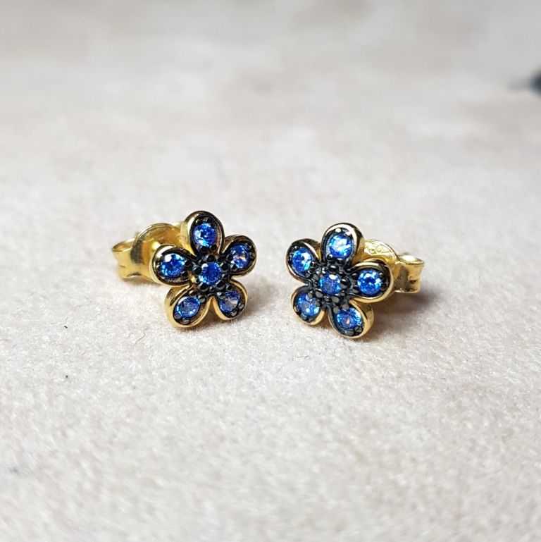 Flower earrings 18k yellow gold with blue cubic zirconia (made in Italy)
