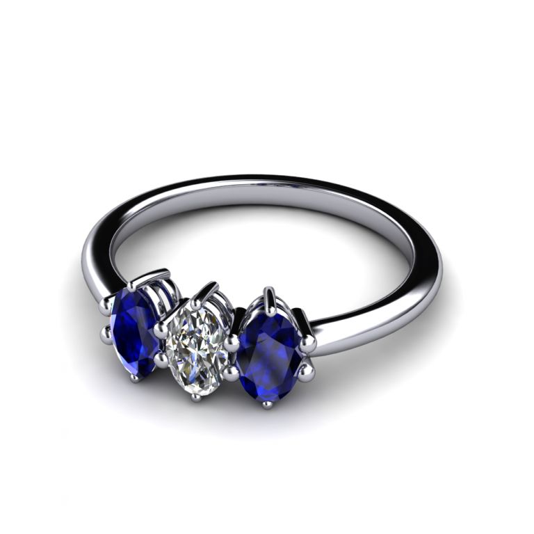 Trilogy ring 18k white gold with sapphires and natural diamond (made in Italy)