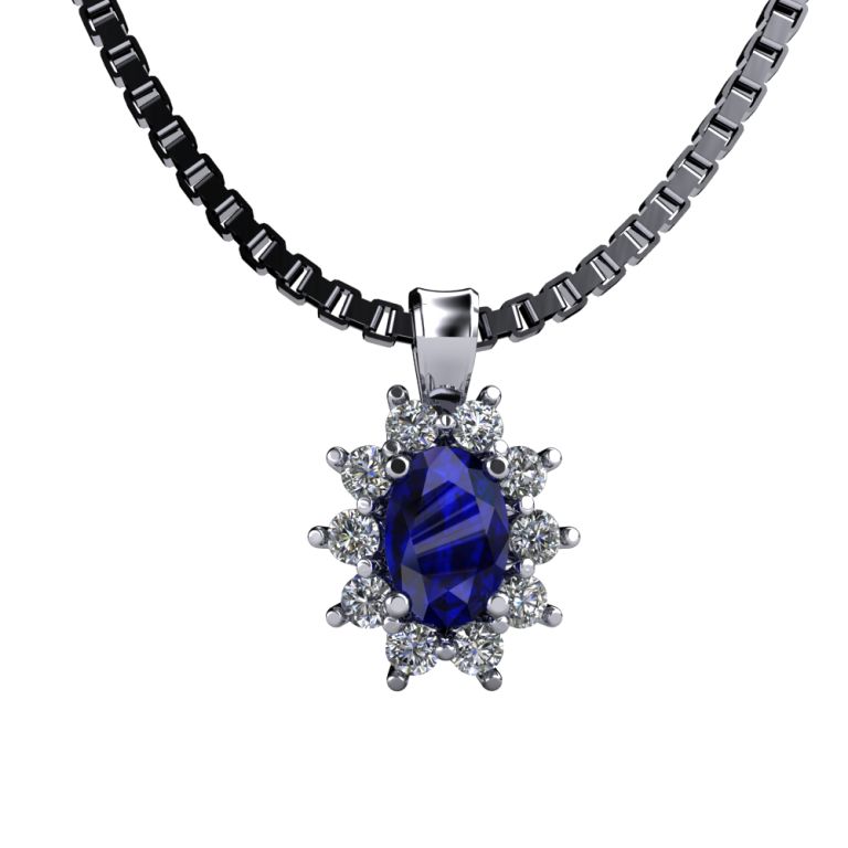 18k white gold pendant with natural sapphire ct. 0.65 and natural diamonds ct. 0.30 total F VS1 complete with chain 18k white gold (made in Italy)